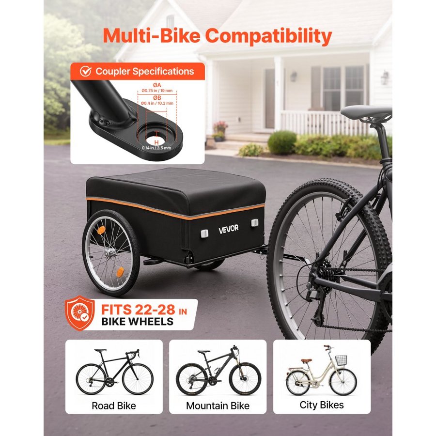 VEVOR Bike Cargo Trailer 59 kg Load Heavy-Duty Bicycle Wagon Cart Folding, Foldable Compact Storage with Waterproof Cover, 508 mm Wheels, Reflectors, Carbon Steel Frame, Fits 559-711 mm Bike Wheels