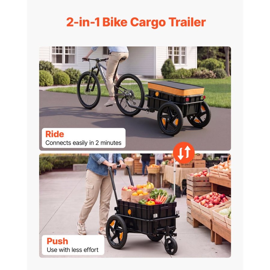 VEVOR Bike Cargo Trailer 45 kg 2-in-1 Pushcart Heavy-Duty Bicycle Wagon, with Waterproof Cover, 178 mm & 406 mm Wheels, Reflector, Carbon Steel Frame, Fits 559-711 mm Bike Wheels, for Carrying Cargo