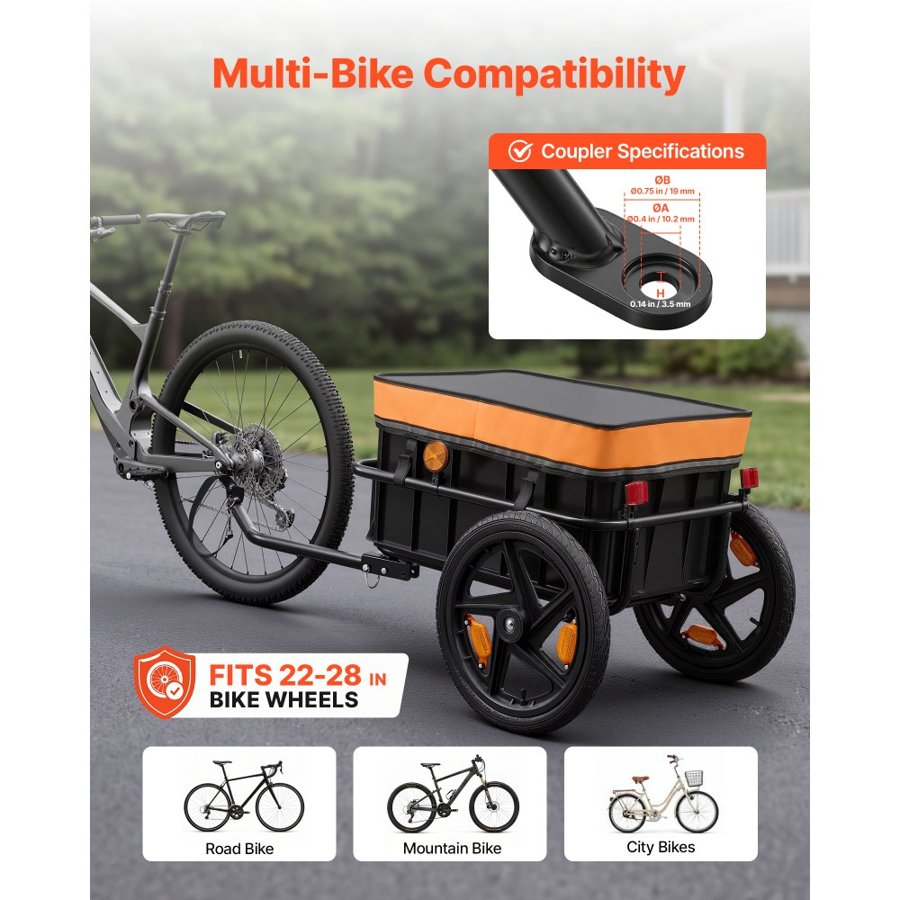 VEVOR Bike Cargo Trailer 45 kg 2-in-1 Pushcart Heavy-Duty Bicycle Wagon, with Waterproof Cover, 178 mm & 406 mm Wheels, Reflector, Carbon Steel Frame, Fits 559-711 mm Bike Wheels, for Carrying Cargo