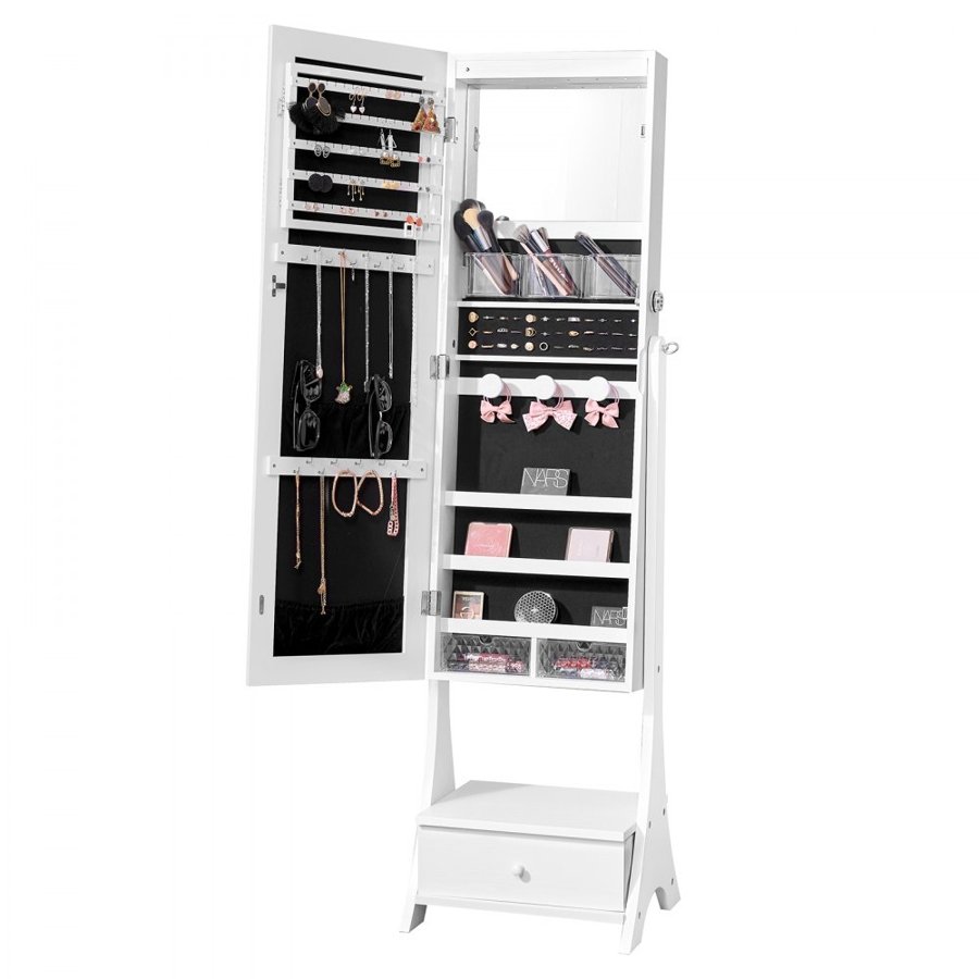 VEVOR Mirror Jewelry Cabinet, Standing Mirror with Storage, Lockable Jewelry Mirror Organizer with Full Length Mirror, Velvet Lining, Interior LED Light, Drawer, Freestanding Jewelry Armoire, White