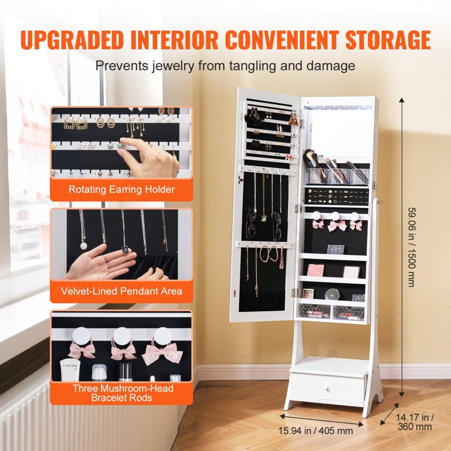 VEVOR Mirror Jewelry Cabinet, Standing Mirror with Storage, Lockable Jewelry Mirror Organizer with Full Length Mirror, Velvet Lining, Interior LED Light, Drawer, Freestanding Jewelry Armoire, White