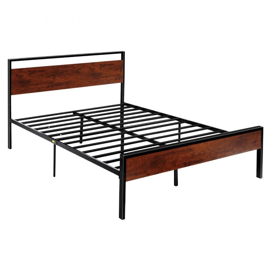 VEVOR Queen Size Bed Frame, 35 cm Black Metal Platform Bed Frame with Retro Brown Wooden Headboard and Footboard, Large Under-Bed Storage, Non-Slip Without Noise, No Box Spring Needed, Easy Assembly
