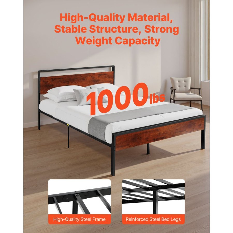 VEVOR Queen Size Bed Frame, 35 cm Black Metal Platform Bed Frame with Retro Brown Wooden Headboard and Footboard, Large Under-Bed Storage, Non-Slip Without Noise, No Box Spring Needed, Easy Assembly