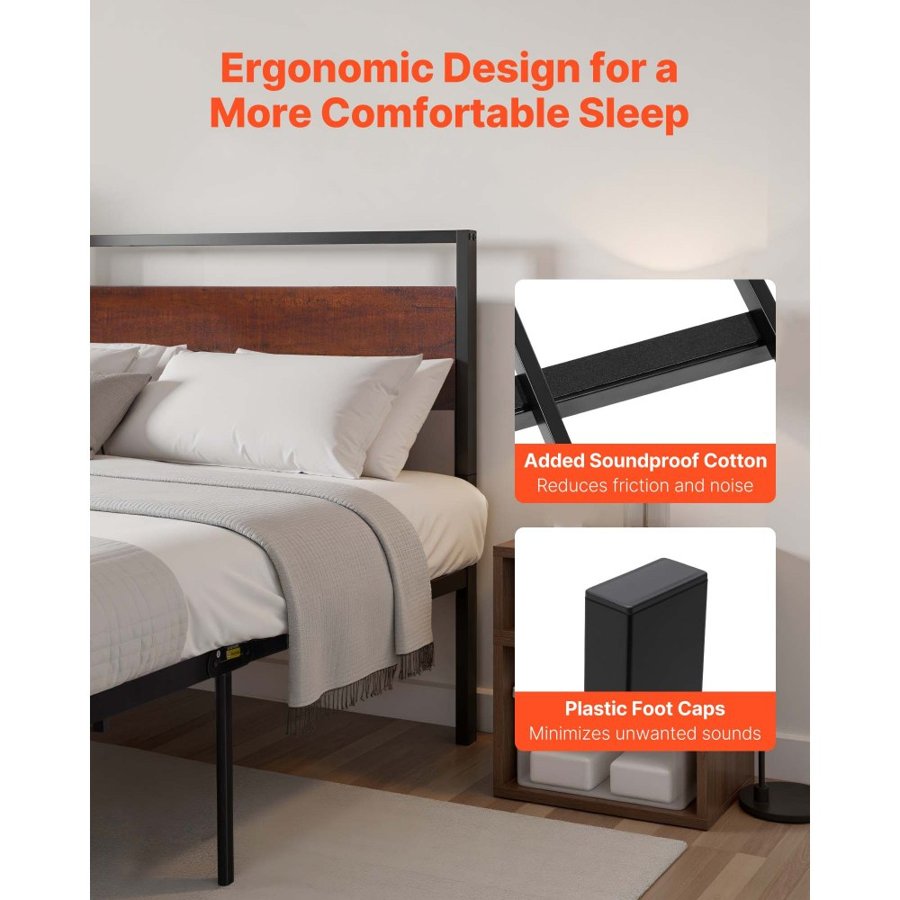 VEVOR Queen Size Bed Frame, 35 cm Black Metal Platform Bed Frame with Retro Brown Wooden Headboard and Footboard, Large Under-Bed Storage, Non-Slip Without Noise, No Box Spring Needed, Easy Assembly