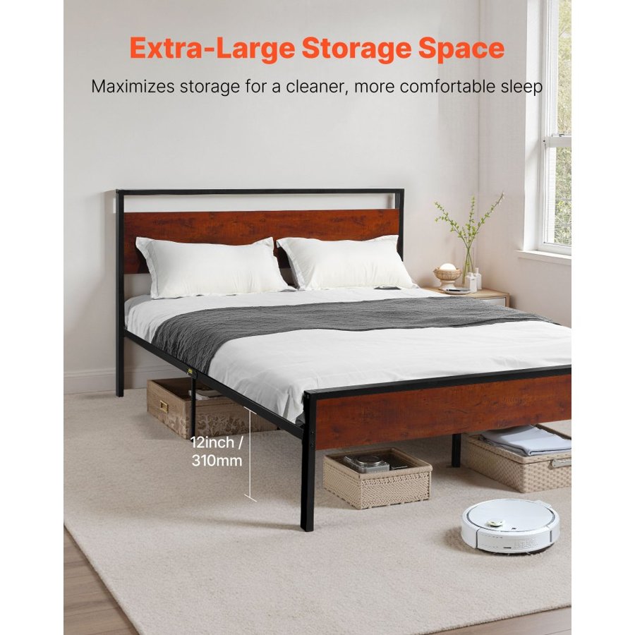 VEVOR Queen Size Bed Frame, 35 cm Black Metal Platform Bed Frame with Retro Brown Wooden Headboard and Footboard, Large Under-Bed Storage, Non-Slip Without Noise, No Box Spring Needed, Easy Assembly