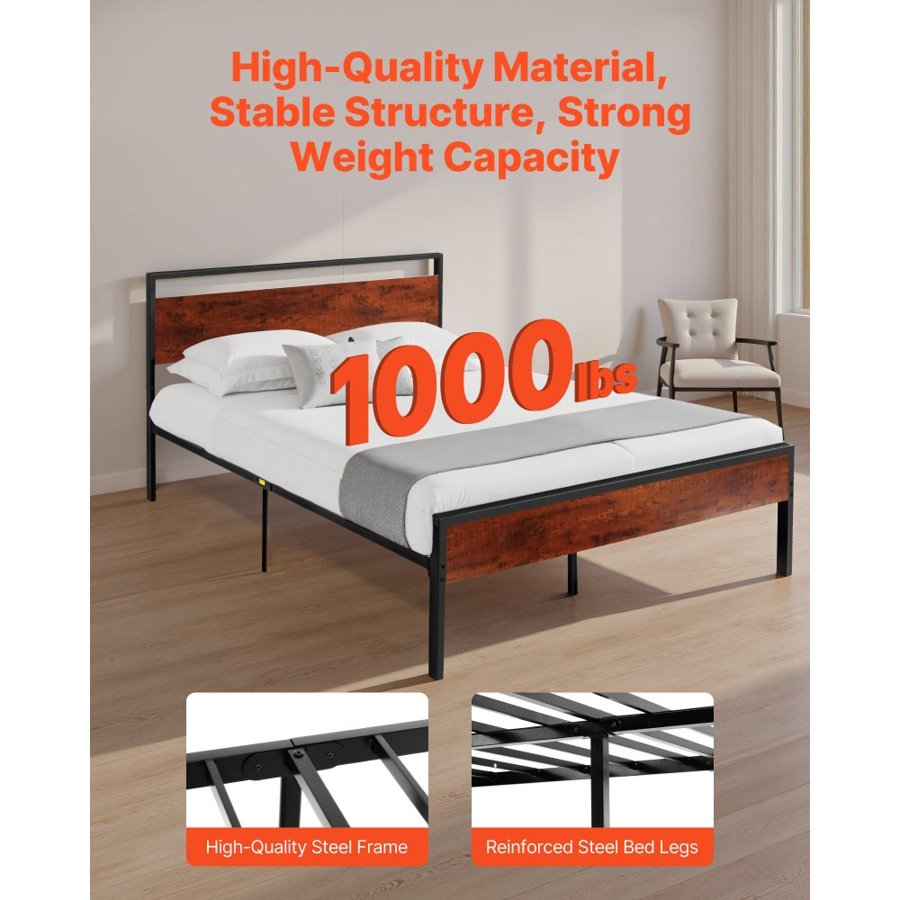 VEVOR Full Size Bed Frame, 35 cm Black Metal Platform Bed Frame with Retro Brown Wooden Headboard and Footboard, Large Under-Bed Storage, Non-Slip Without Noise, No Box Spring Needed, Easy Assembly