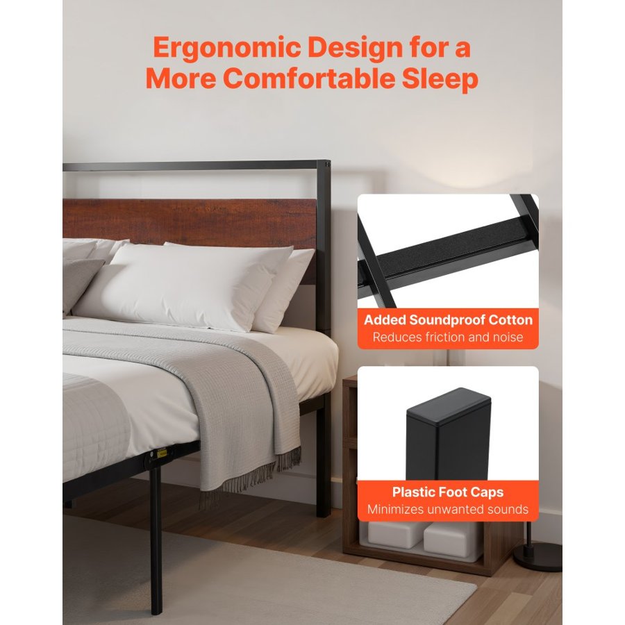 VEVOR Full Size Bed Frame, 35 cm Black Metal Platform Bed Frame with Retro Brown Wooden Headboard and Footboard, Large Under-Bed Storage, Non-Slip Without Noise, No Box Spring Needed, Easy Assembly