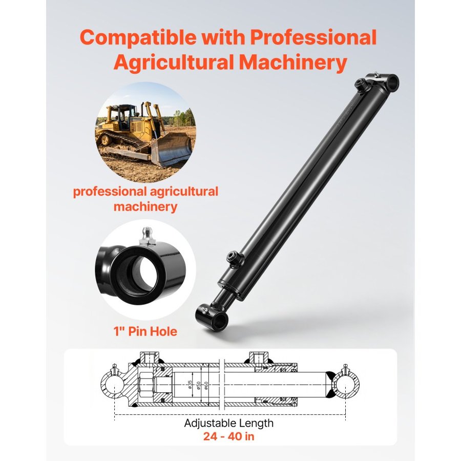 VEVOR Double Acting Hydraulic Cylinder, 50.8mm Bore x 406mm Stroke, Max 3500PSI Hydraulic Cylinder, Heavy-Duty Welded Cross Tube Cylinders with 25.4mm Pin Hole & SAE #6 Port for Agricultural Machinery