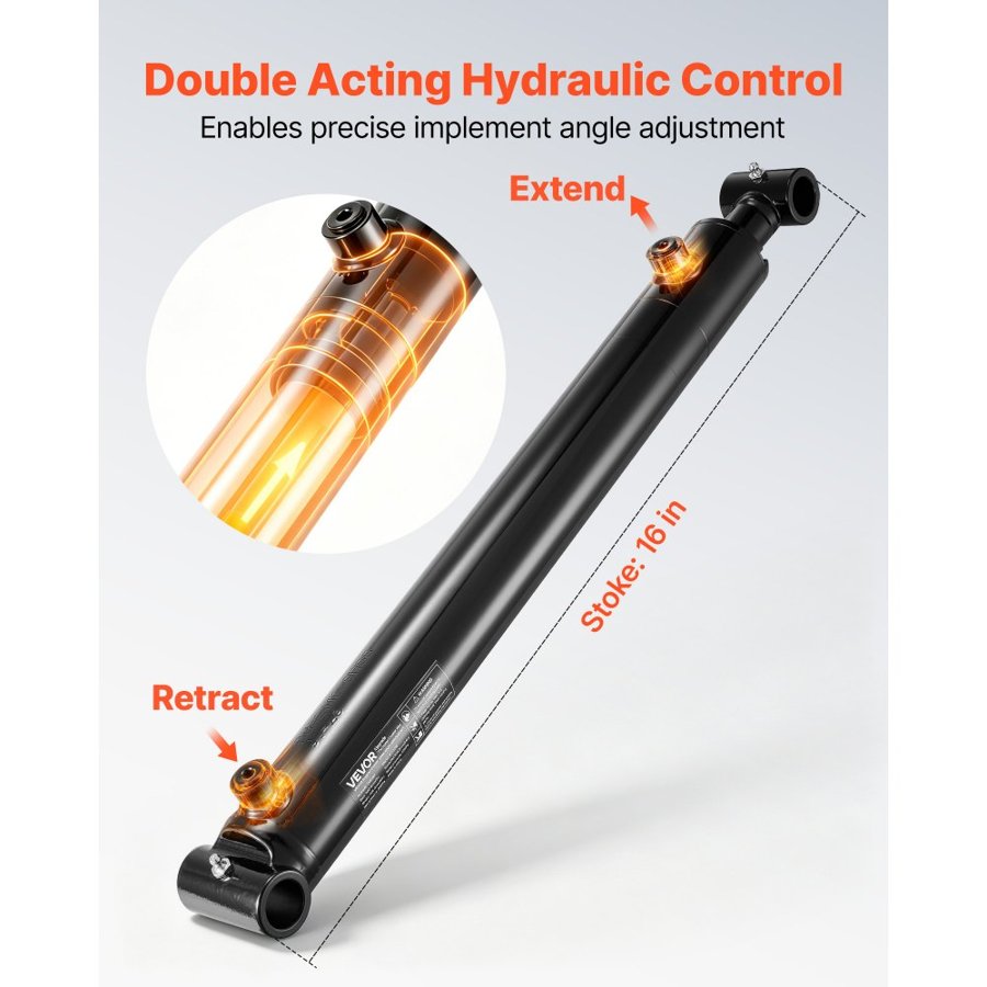 VEVOR Double Acting Hydraulic Cylinder, 50.8mm Bore x 406mm Stroke, Max 3500PSI Hydraulic Cylinder, Heavy-Duty Welded Cross Tube Cylinders with 25.4mm Pin Hole & SAE #6 Port for Agricultural Machinery
