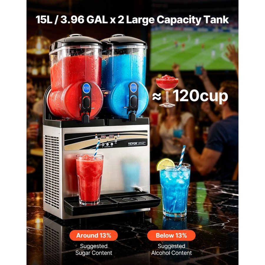 VEVOR Commercial Slush Machine – 15Lx2 Double Tank, 120 Cups