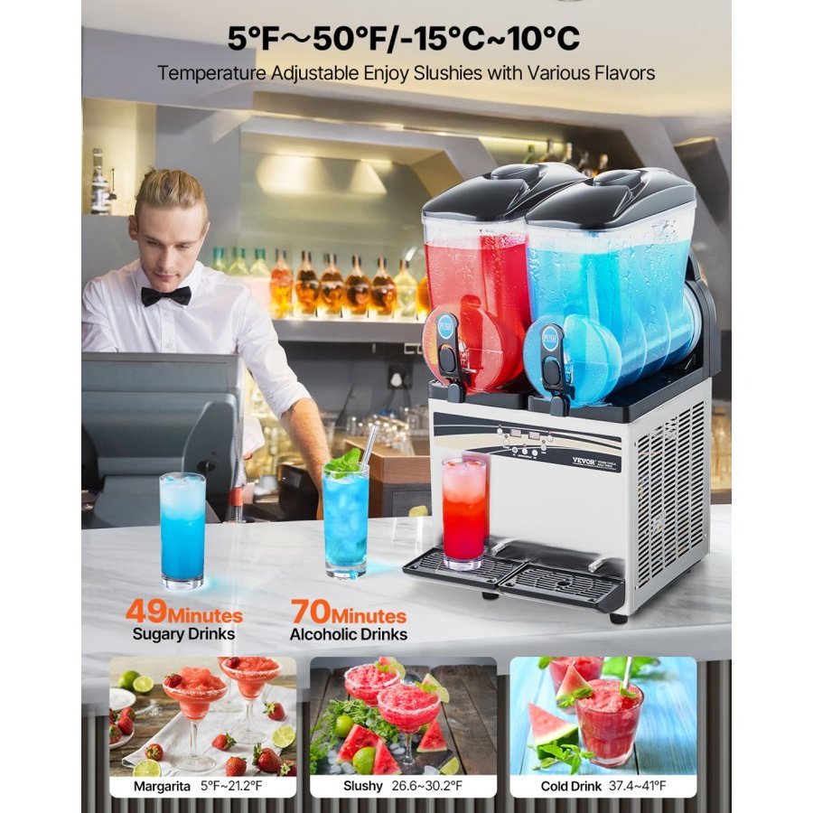 VEVOR Commercial Slush Machine – 15Lx2 Double Tank, 120 Cups