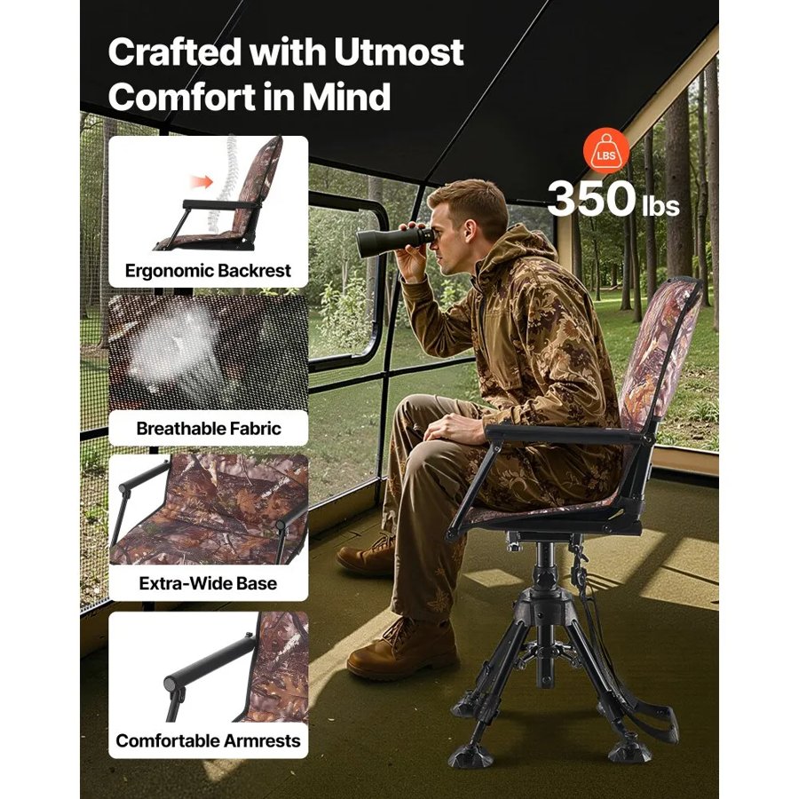 VEVOR Hunting Chair, 360° Silent Swivel, Foldable Portable Blind Chair, Heavy-Duty Steel Frame Ground Stool Seat, with Armrests, Cover, Anti-Sink Feet, Height Adjustable, 158 Kg Capacity for Camping