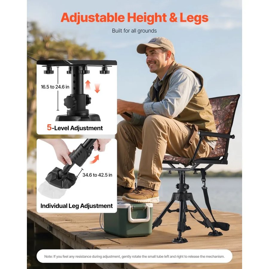 VEVOR Hunting Chair, 360° Silent Swivel, Foldable Portable Blind Chair, Heavy-Duty Steel Frame Ground Stool Seat, with Armrests, Cover, Anti-Sink Feet, Height Adjustable, 158 Kg Capacity for Camping