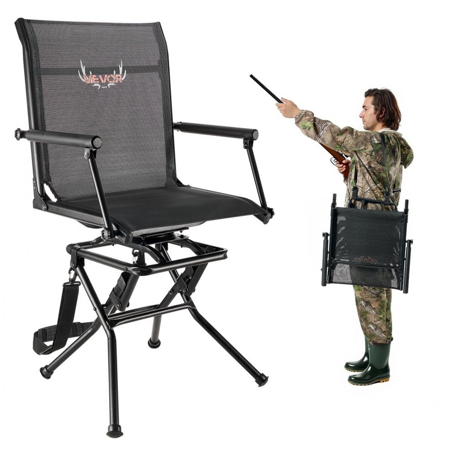 VEVOR Hunting Chair, 360° Silent Swivel, Foldable Lightweight Portable Blind Chair, Heavy-Duty Steel Frame Ground Stool Seat, with Armrest, Adjustable Carry Strap, 136 Kg Capacity for Fishing Camping