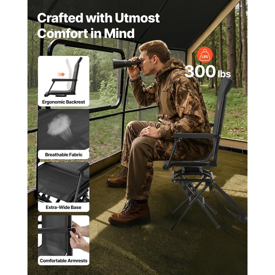 VEVOR Hunting Chair, 360° Silent Swivel, Foldable Lightweight Portable Blind Chair, Heavy-Duty Steel Frame Ground Stool Seat, with Armrest, Adjustable Carry Strap, 136 Kg Capacity for Fishing Camping