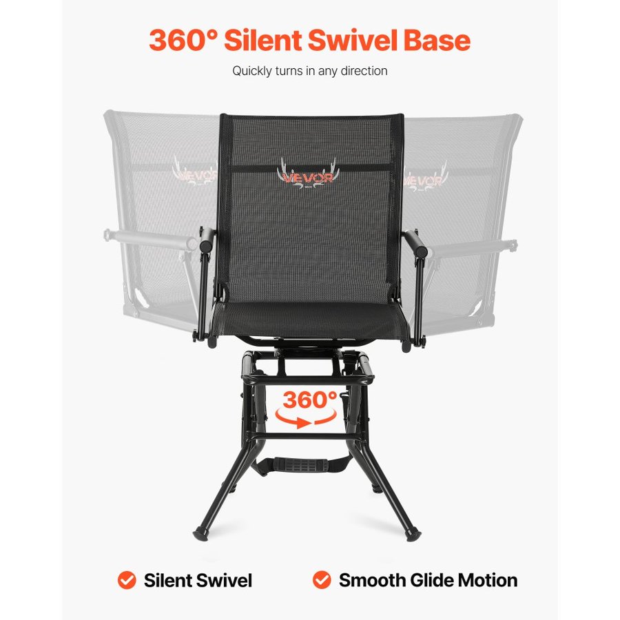 VEVOR Hunting Chair, 360° Silent Swivel, Foldable Lightweight Portable Blind Chair, Heavy-Duty Steel Frame Ground Stool Seat, with Armrest, Adjustable Carry Strap, 136 Kg Capacity for Fishing Camping