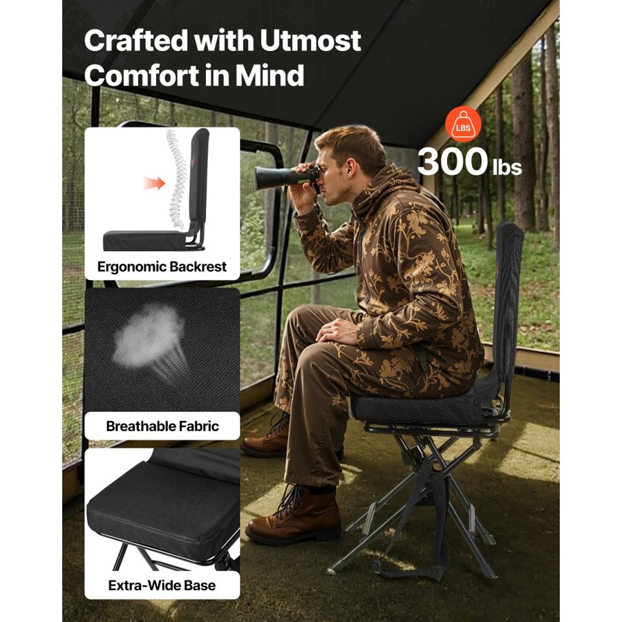 VEVOR Hunting Chair, 360° Silent Swivel, Foldable Lightweight Portable Blind Chair, Heavy-Duty Steel Frame Ground Stool Seat, with Adjustable Shoulder Strap, 136 Kg Capacity for Fishing, Camping