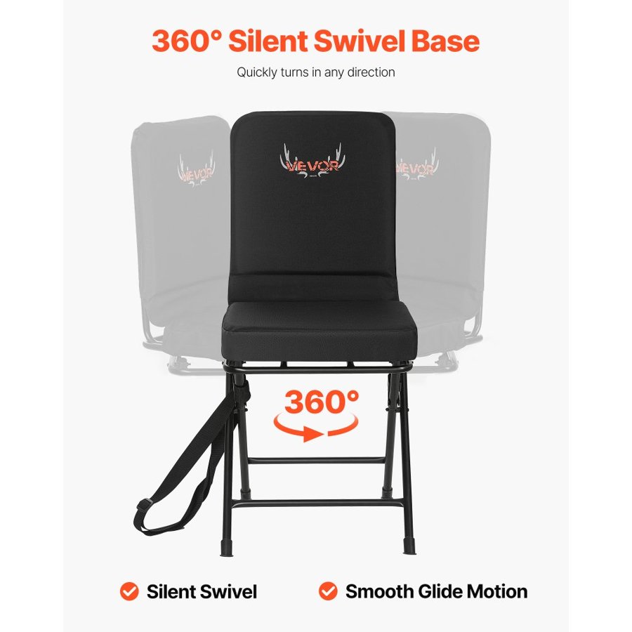 VEVOR Hunting Chair, 360° Silent Swivel, Foldable Lightweight Portable Blind Chair, Heavy-Duty Steel Frame Ground Stool Seat, with Adjustable Shoulder Strap, 136 Kg Capacity for Fishing, Camping