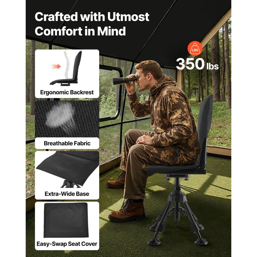 VEVOR Hunting Chair, 360° Silent Swivel, Foldable Portable Blind Chair, Heavy-Duty Steel Frame Ground Stool Seat, with Seat Cover, Anti-Sink Swivel Feet, Height Adjustable, 158 Kg Capacity for Fishing
