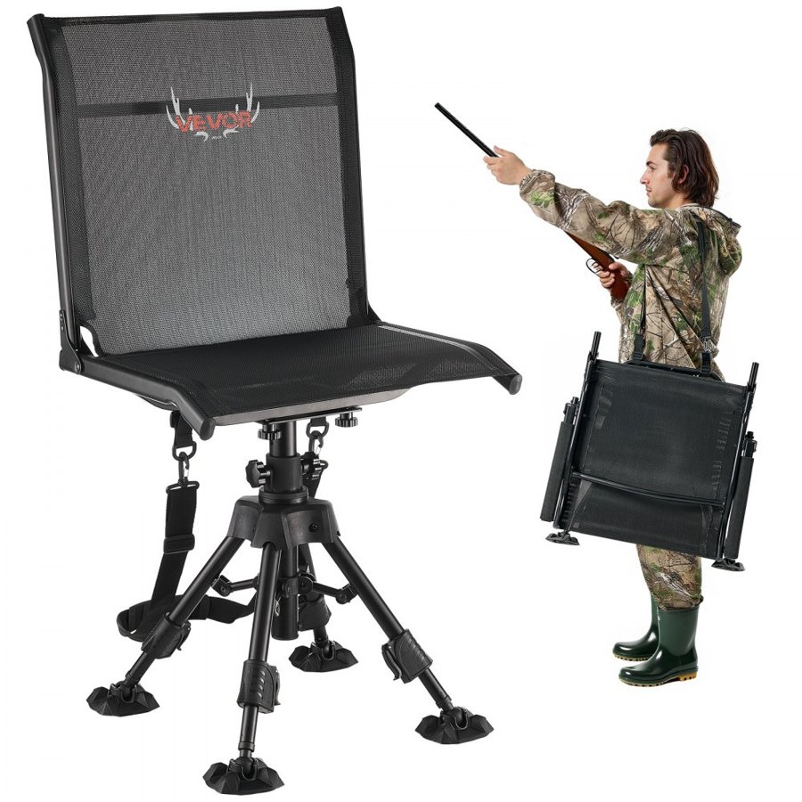 VEVOR Hunting Chair, 360° Silent Swivel, Foldable Portable Blind Chair, Heavy-Duty Steel Frame Ground Stool Seat with Anti-Sink Swivel Feet, Height Adjustable, 158 Kg Capacity for Fishing Camping
