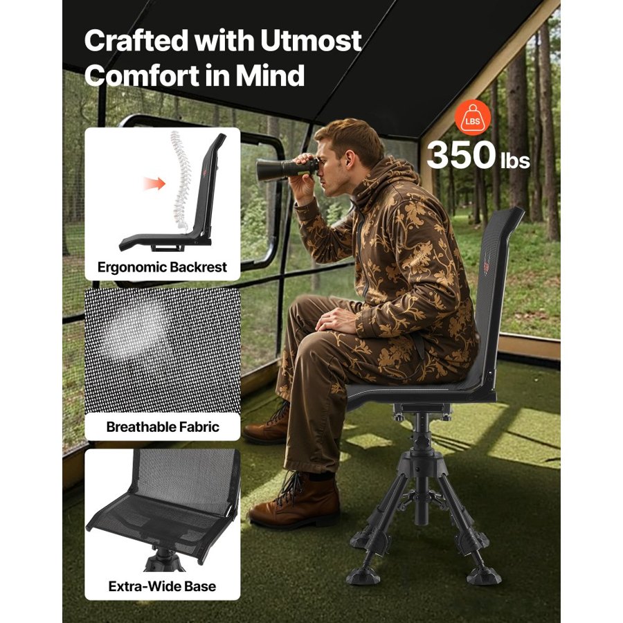 VEVOR Hunting Chair, 360° Silent Swivel, Foldable Portable Blind Chair, Heavy-Duty Steel Frame Ground Stool Seat with Anti-Sink Swivel Feet, Height Adjustable, 158 Kg Capacity for Fishing Camping