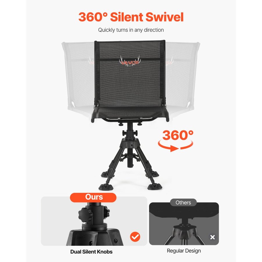 VEVOR Hunting Chair, 360° Silent Swivel, Foldable Portable Blind Chair, Heavy-Duty Steel Frame Ground Stool Seat with Anti-Sink Swivel Feet, Height Adjustable, 158 Kg Capacity for Fishing Camping