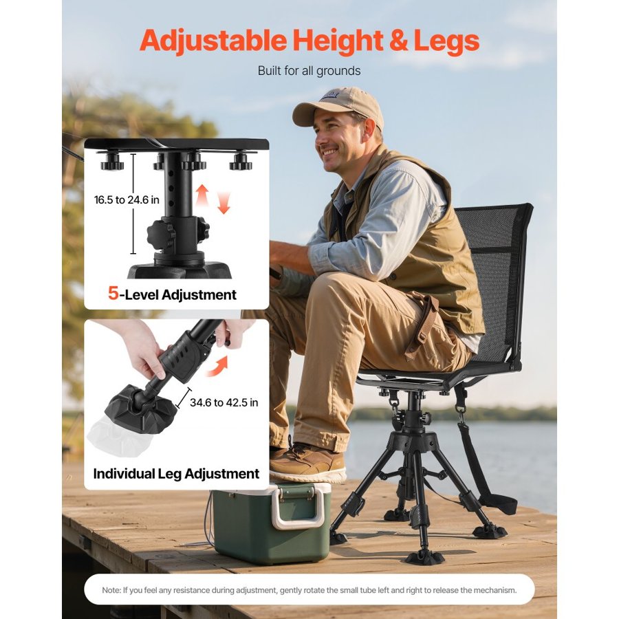 VEVOR Hunting Chair, 360° Silent Swivel, Foldable Portable Blind Chair, Heavy-Duty Steel Frame Ground Stool Seat with Anti-Sink Swivel Feet, Height Adjustable, 158 Kg Capacity for Fishing Camping