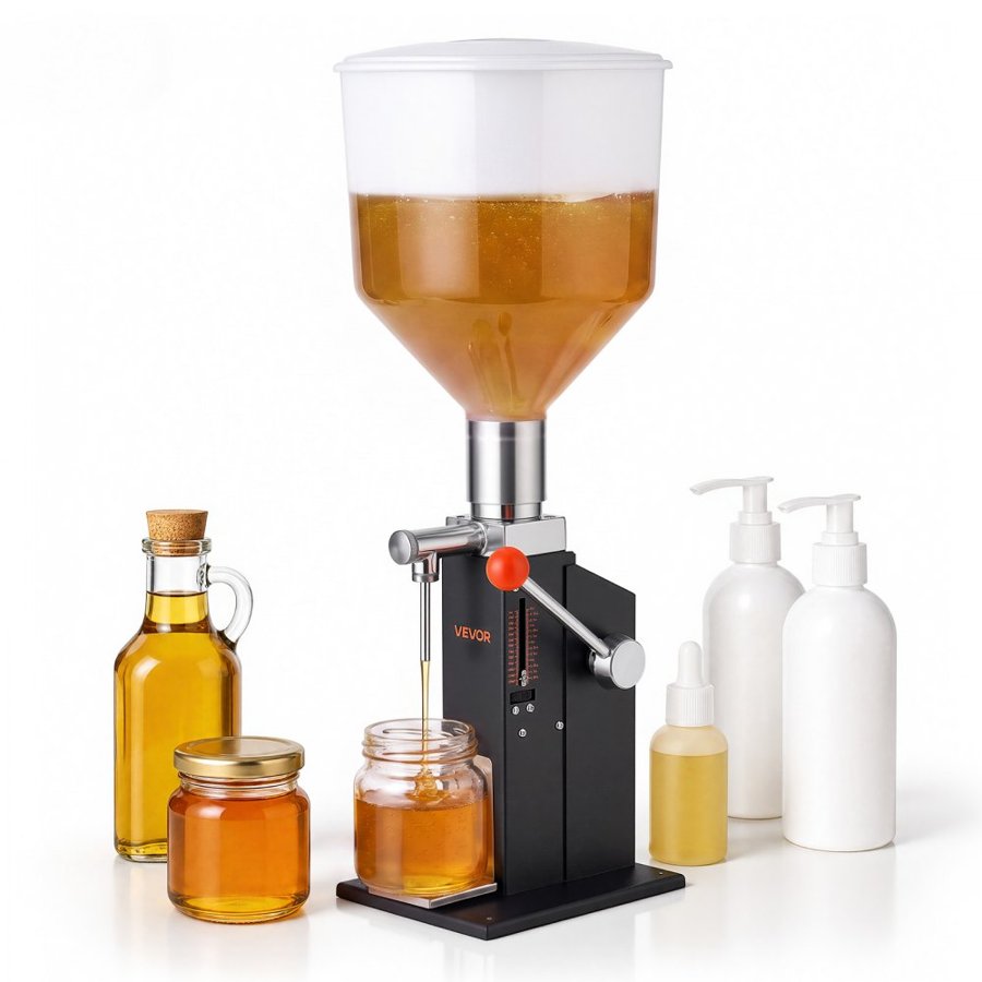 VEVOR Manual Filling Machine, 10-120 ml, 12 L Hopper, Paste Liquid Filler, for Water, Honey, Oil, Shampoo and Lotion, Anti-Drip Nozzle, Adjustable Bottle Stand, Carbon Steel Body, Effort-Saving Handle
