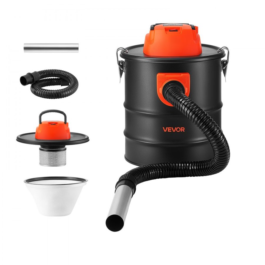 VEVOR Ash Vacuum 15L, 1200W Power Fireplace Cleaner Ash Vac Steel Body, for Fireplaces, Pellet Stoves, Wood Stoves, Fire Pits, Grills, Double Stage Filtration System, 0.8 m Hose, Black & Orange