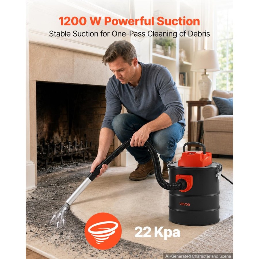 VEVOR Ash Vacuum 15L, 1200W Power Fireplace Cleaner Ash Vac Steel Body, for Fireplaces, Pellet Stoves, Wood Stoves, Fire Pits, Grills, Double Stage Filtration System, 0.8 m Hose, Black & Orange