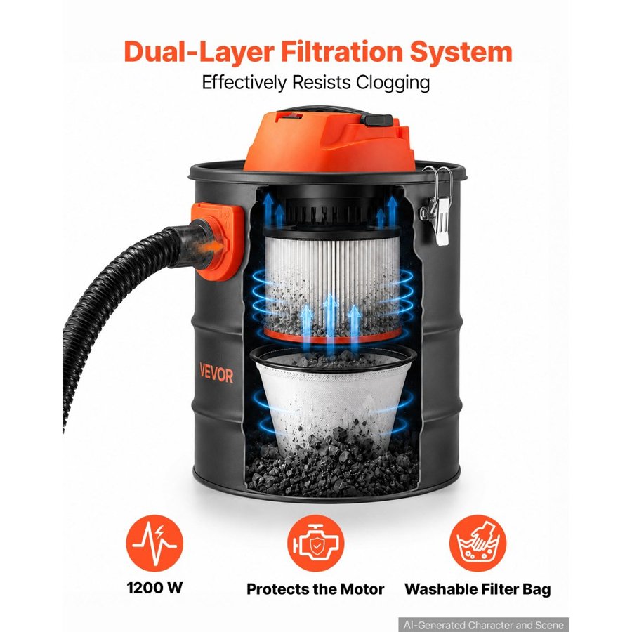 VEVOR Ash Vacuum 15L, 1200W Power Fireplace Cleaner Ash Vac Steel Body, for Fireplaces, Pellet Stoves, Wood Stoves, Fire Pits, Grills, Double Stage Filtration System, 0.8 m Hose, Black & Orange