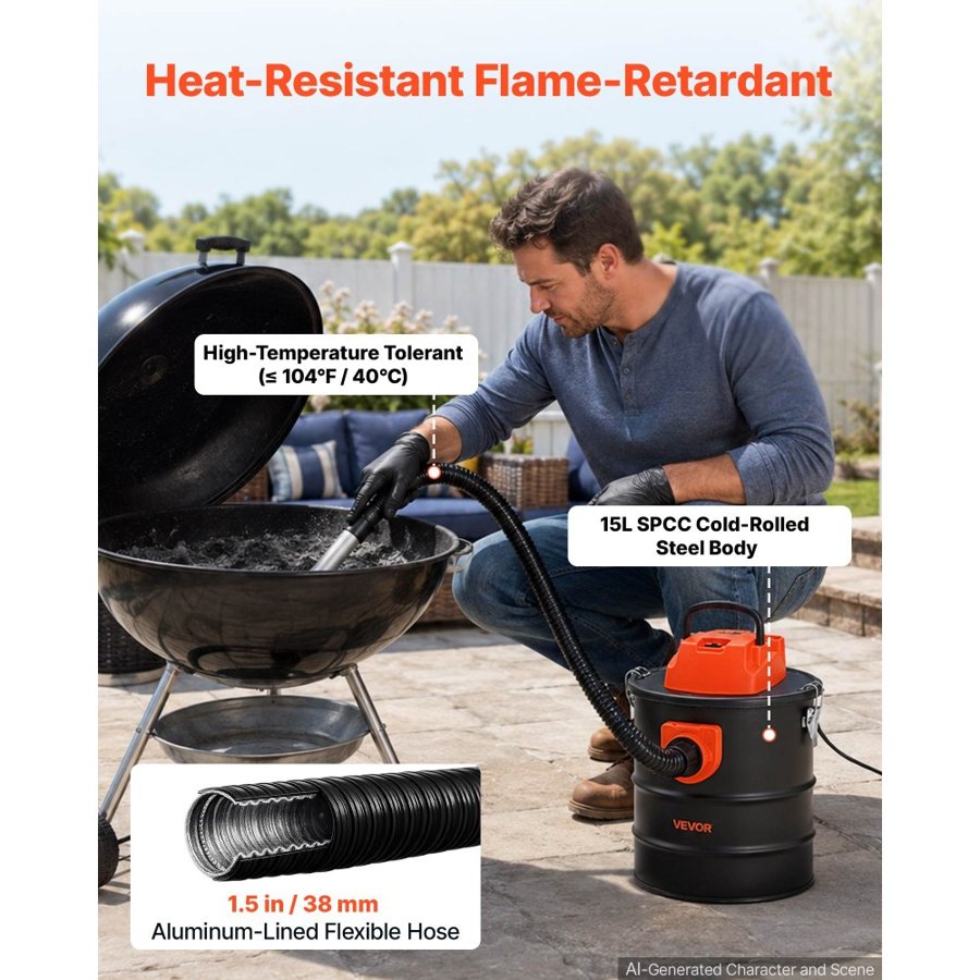 VEVOR Ash Vacuum 15L, 1200W Power Fireplace Cleaner Ash Vac Steel Body, for Fireplaces, Pellet Stoves, Wood Stoves, Fire Pits, Grills, Double Stage Filtration System, 0.8 m Hose, Black & Orange