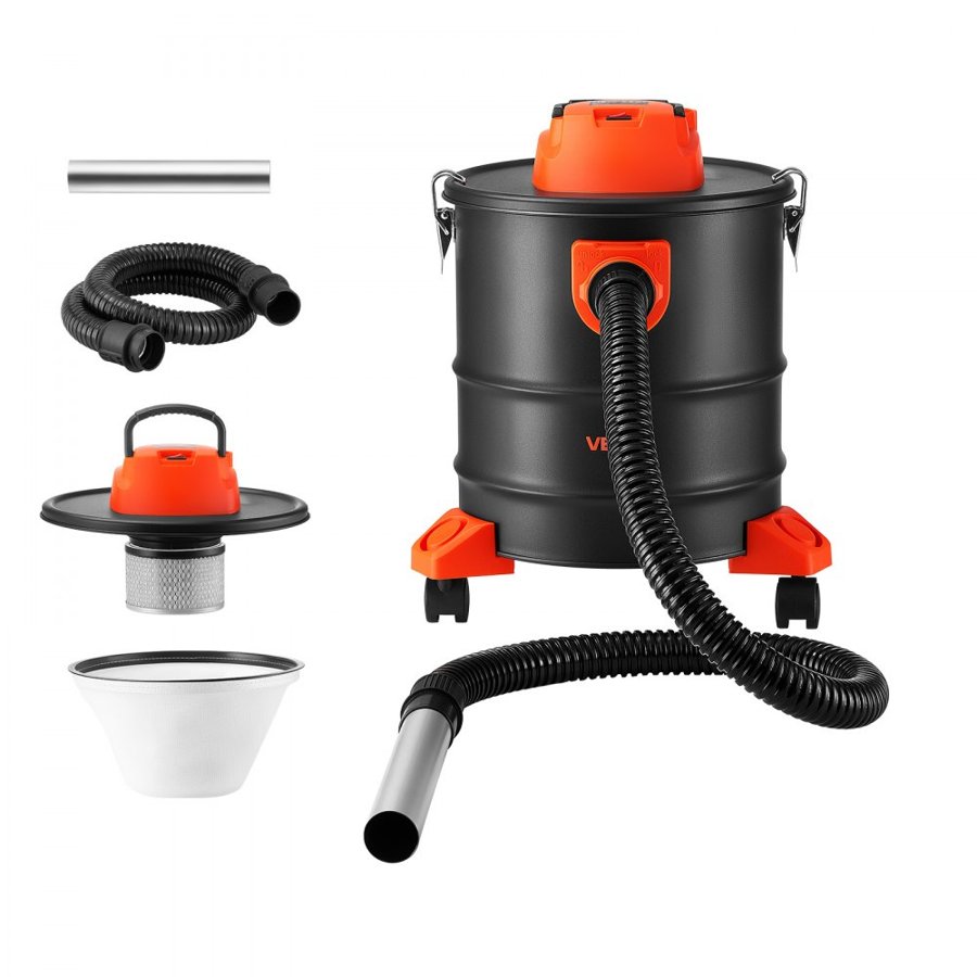 VEVOR Ash Vacuum 20L, 1200W Power Fireplace Cleaner Ash Vac with Casters, for Fireplace, Pellet Stove, Wood Stove, Fire Pit, Grills, Steel Body, Double Stage Filtration, 1.2 m Hose, Black & Orange