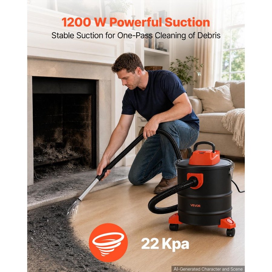 VEVOR Ash Vacuum 20L, 1200W Power Fireplace Cleaner Ash Vac with Casters, for Fireplace, Pellet Stove, Wood Stove, Fire Pit, Grills, Steel Body, Double Stage Filtration, 1.2 m Hose, Black & Orange