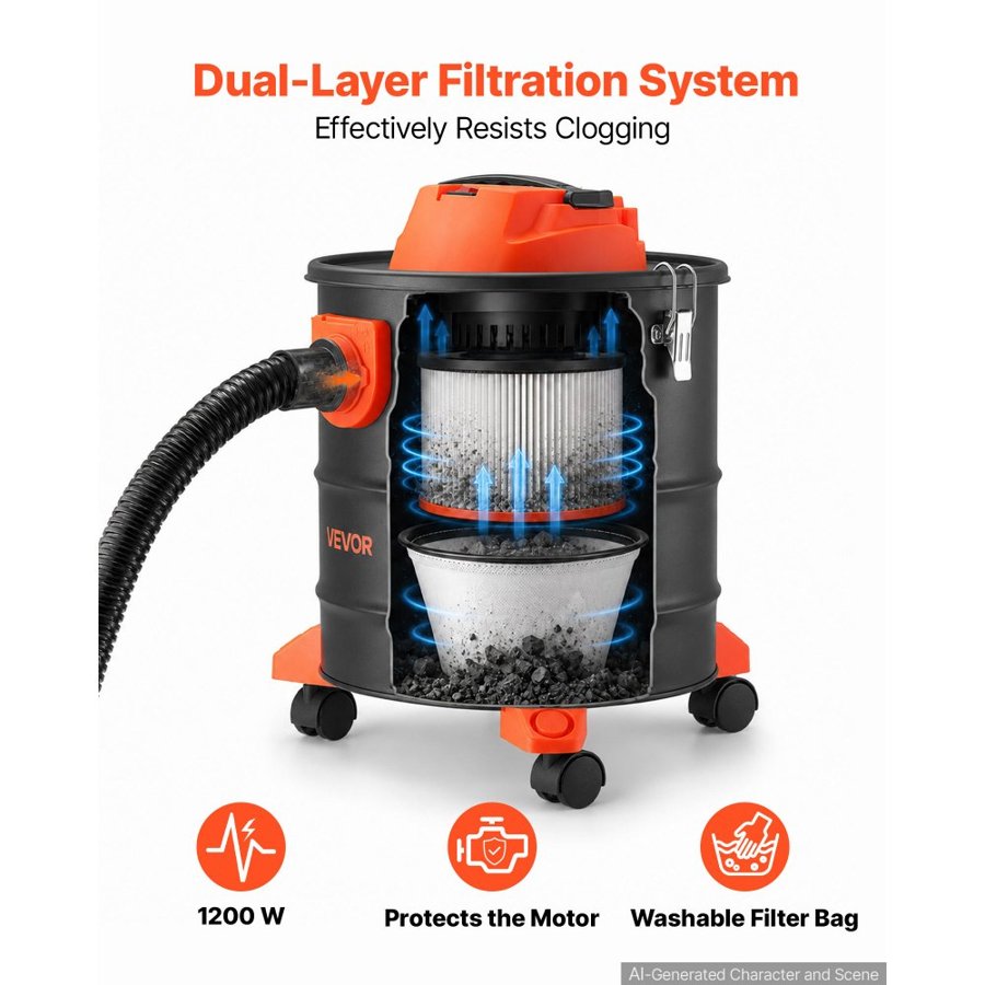 VEVOR Ash Vacuum 20L, 1200W Power Fireplace Cleaner Ash Vac with Casters, for Fireplace, Pellet Stove, Wood Stove, Fire Pit, Grills, Steel Body, Double Stage Filtration, 1.2 m Hose, Black & Orange