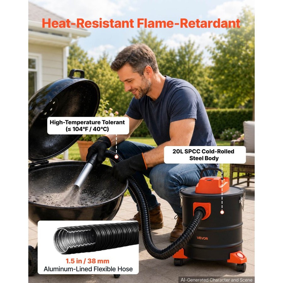 VEVOR Ash Vacuum 20L, 1200W Power Fireplace Cleaner Ash Vac with Casters, for Fireplace, Pellet Stove, Wood Stove, Fire Pit, Grills, Steel Body, Double Stage Filtration, 1.2 m Hose, Black & Orange