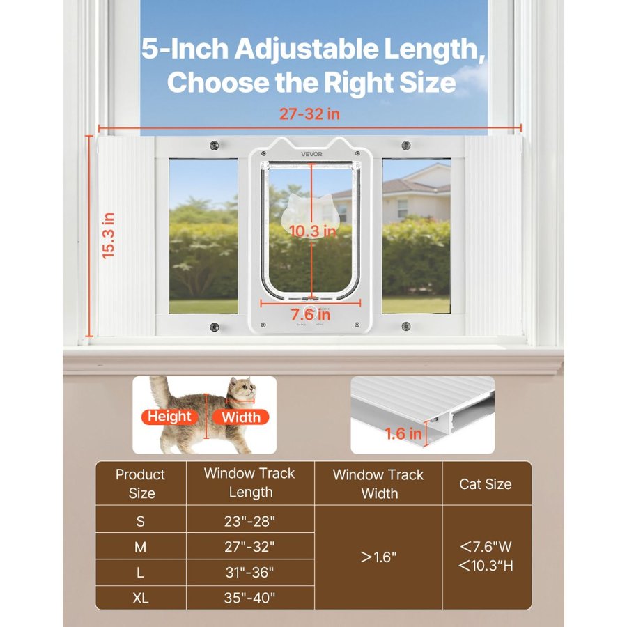 VEVOR Adjustable Cat Door for Window – 27"–32", 4 Lock Modes
