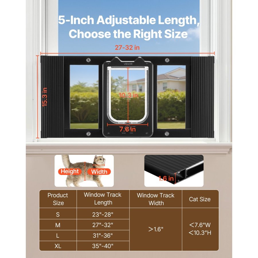 VEVOR Cat Door for Window, Adjustable to Fit Window Width 686-813 mm, 4 Secure Lock Modes, Aluminum Frame and High-Transparency Glass, Magnetic Closure, Weatherproof Quick-Fit Pet Door for Cats, Black
