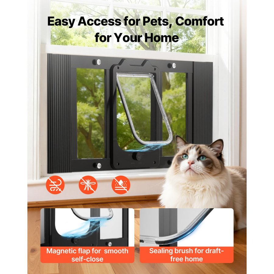 VEVOR Cat Door for Window, Adjustable to Fit Window Width 686-813 mm, 4 Secure Lock Modes, Aluminum Frame and High-Transparency Glass, Magnetic Closure, Weatherproof Quick-Fit Pet Door for Cats, Black