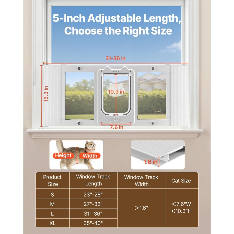 VEVOR Cat Door for Window – 31-36 in, 4 Lock Modes, Aluminum
