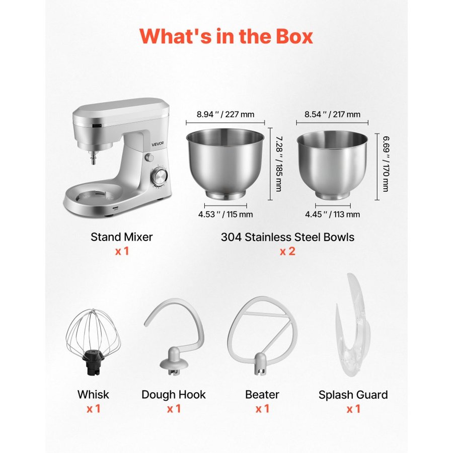 VEVOR Stand Mixer, 4.2 L+5.7 L Electric Kitchen Mixer, 1500W Dough-Mixer, 10 Speeds Tilt-head Food-Mixer with Stainless Steel Bowls, Dough Hook, Whisk, Beater, for Baking, Mixing, Whipping & Kneading