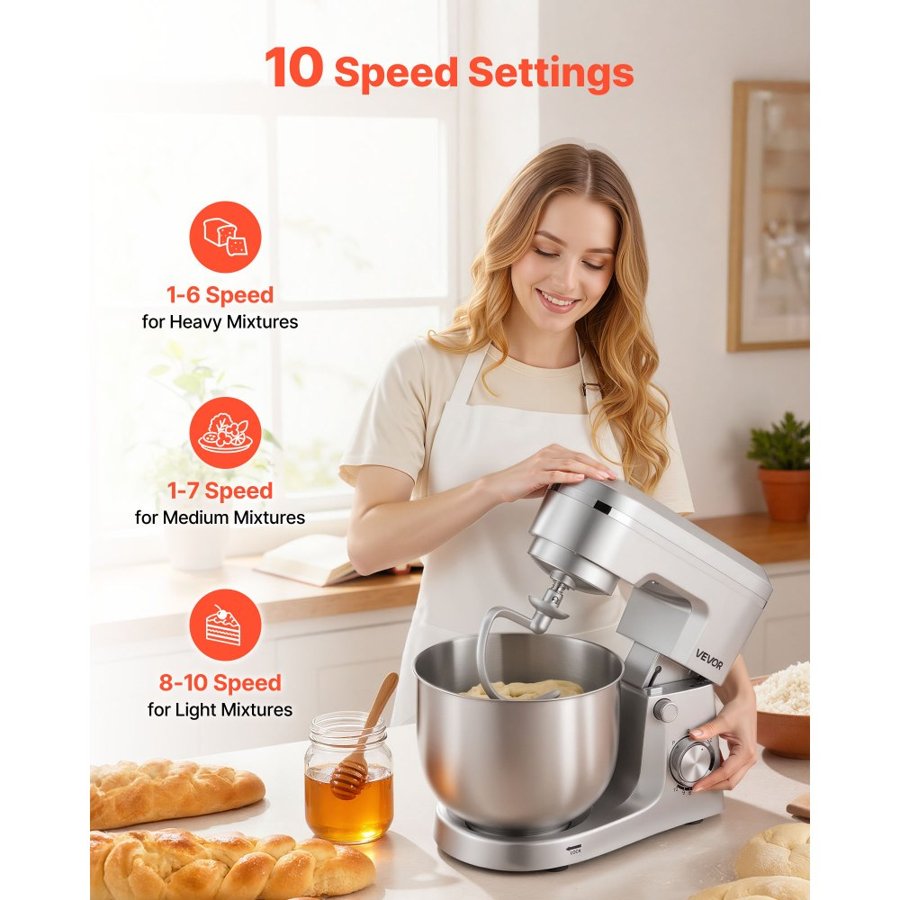 VEVOR Stand Mixer, 4.2 L+5.7 L Electric Kitchen Mixer, 1500W Dough-Mixer, 10 Speeds Tilt-head Food-Mixer with Stainless Steel Bowls, Dough Hook, Whisk, Beater, for Baking, Mixing, Whipping & Kneading