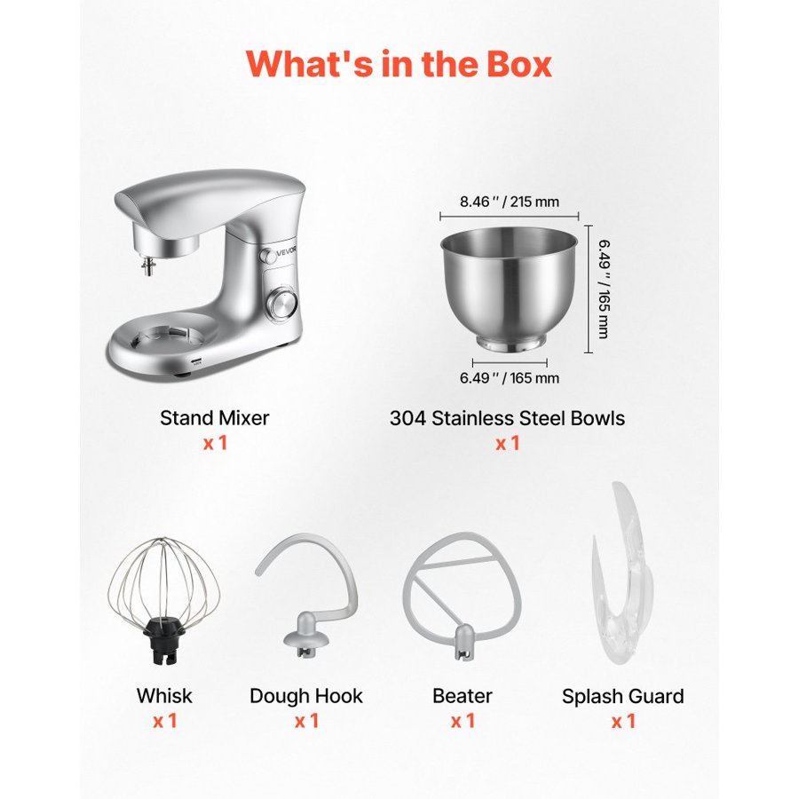 VEVOR Stand Mixer, 4.2 L Electric Kitchen Mixer, 1500W Dough-Mixer, 10 + Pulse Speeds Tilt-head Food-Mixer with Stainless Steel Bowl, Dough Hook, Whisk, Beater, for Baking, Mixing, Whipping & Kneading
