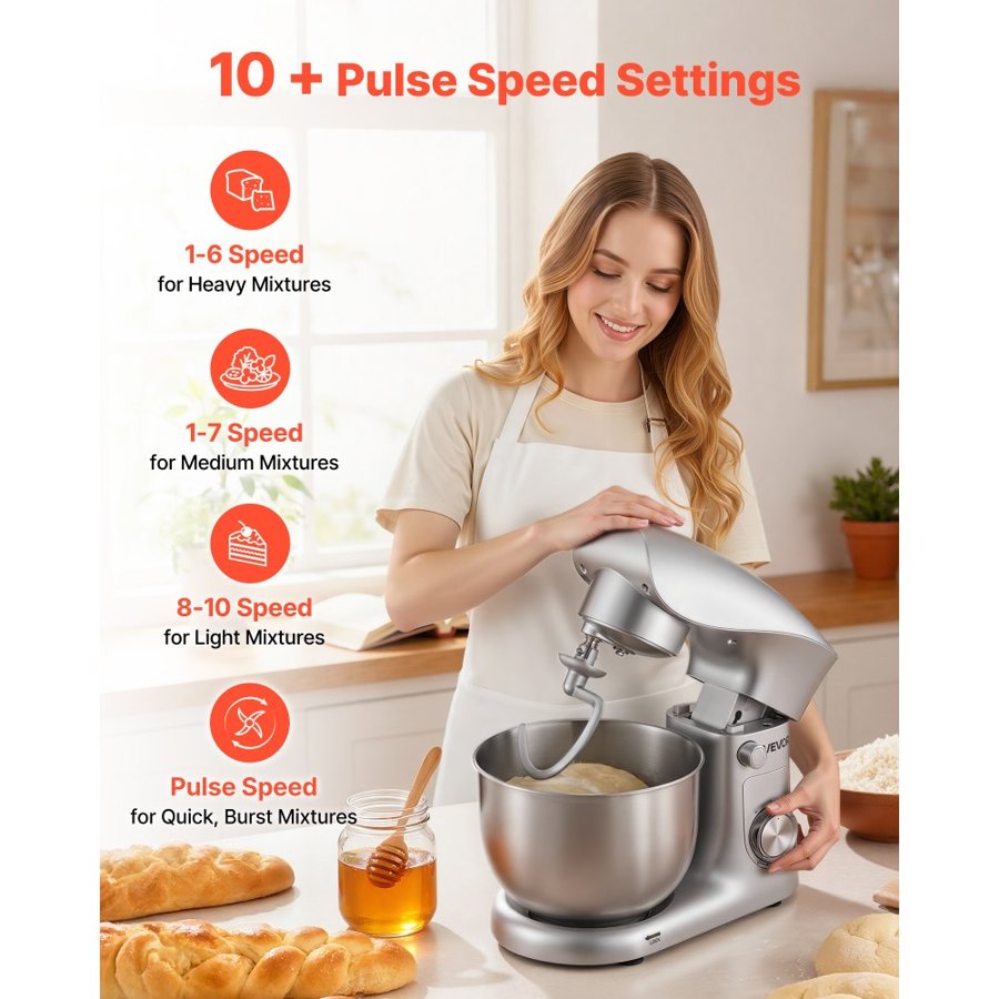 VEVOR Stand Mixer, 4.2 L Electric Kitchen Mixer, 1500W Dough-Mixer, 10 + Pulse Speeds Tilt-head Food-Mixer with Stainless Steel Bowl, Dough Hook, Whisk, Beater, for Baking, Mixing, Whipping & Kneading