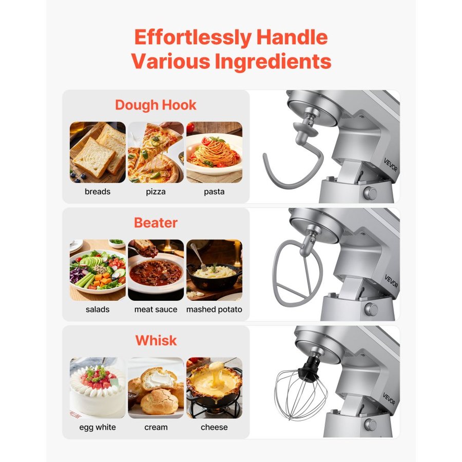 VEVOR Stand Mixer, 5.7 L Electric Kitchen Mixer, 1500W Dough-Mixer, 10 Speeds Tilt-head Food-Mixer with Stainless Steel Bowl, Dough Hook, Whisk, Beater, for Baking, Mixing, Whipping & Kneading, Silver