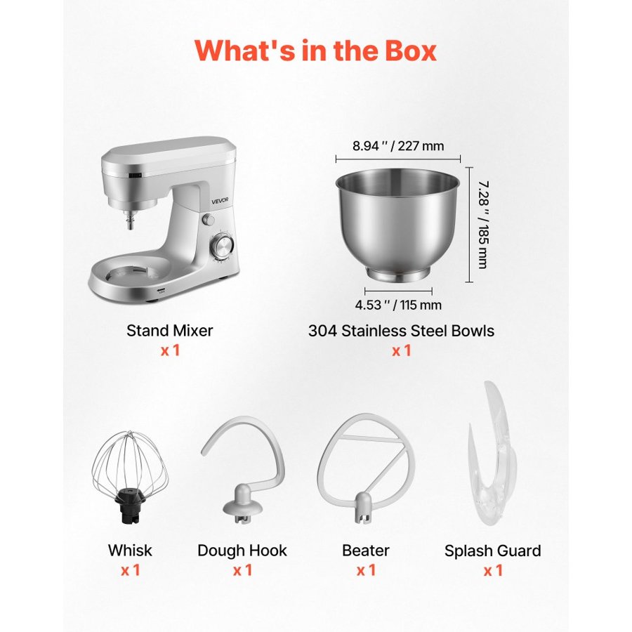 VEVOR Stand Mixer, 5.7 L Electric Kitchen Mixer, 1500W Dough-Mixer, 10 Speeds Tilt-head Food-Mixer with Stainless Steel Bowl, Dough Hook, Whisk, Beater, for Baking, Mixing, Whipping & Kneading, Silver