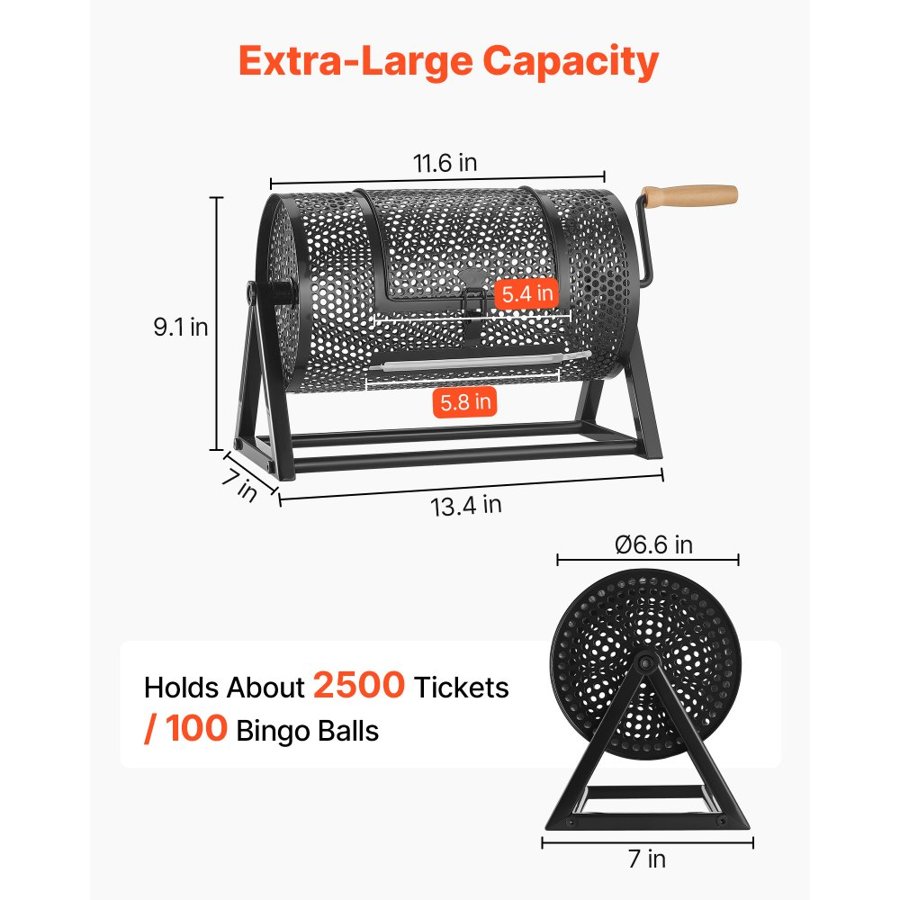 VEVOR Raffle Ticket Spinner, 295 x 167 mm Holds 2500 Tickets or 100 Ping Pong Balls, Raffle Drum Lottery Spinning Cage with Reinforced Handle, Stable Triangular Stand, for Events and Gatherings, Black