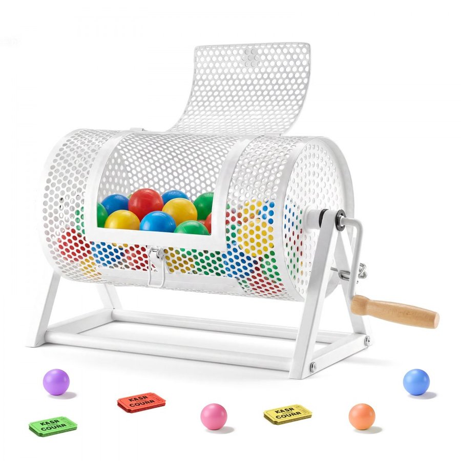 VEVOR Raffle Ticket Spinner, 295 x 167 mm Holds 2500 Tickets or 100 Ping Pong Balls, Raffle Drum Lottery Spinning Cage with Reinforced Handle, Stable Triangular Stand, for Events and Gatherings, White