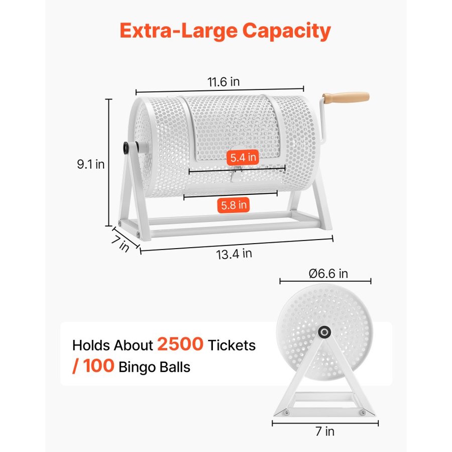 VEVOR Raffle Ticket Spinner, 295 x 167 mm Holds 2500 Tickets or 100 Ping Pong Balls, Raffle Drum Lottery Spinning Cage with Reinforced Handle, Stable Triangular Stand, for Events and Gatherings, White