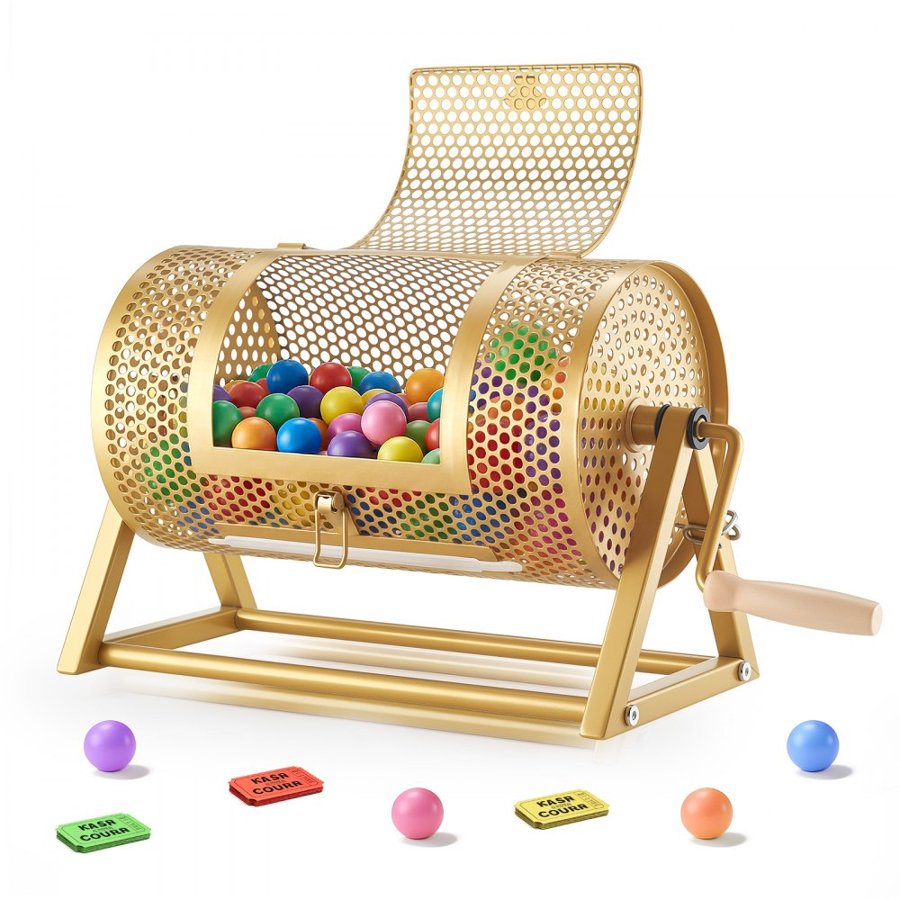 VEVOR Raffle Ticket Spinner, 295 x 167 mm Holds 2500 Tickets or 100 Ping Pong Balls, Raffle Drum Lottery Spinning Cage with Reinforced Handle, Stable Triangular Stand, for Events and Gatherings, Gold